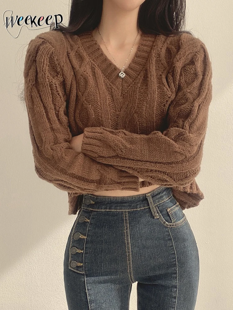 

Женский винтажный свитер Weekeep, вязаный пуловер с длинным рукавом и v-образным вырезом y2k, Осень-зима