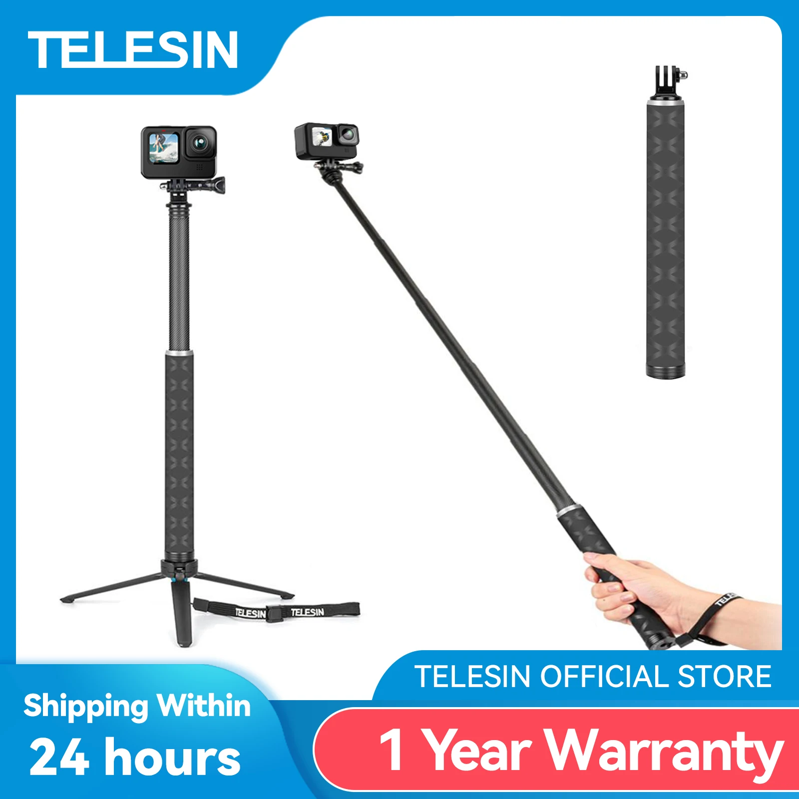 TELESIN 90cm Carbon Fiber Lightest Selfie Stick Aluminium Alloy Tripod For GoPro Hero 10 9 5 6 7 Osmo Action Camera Accessories