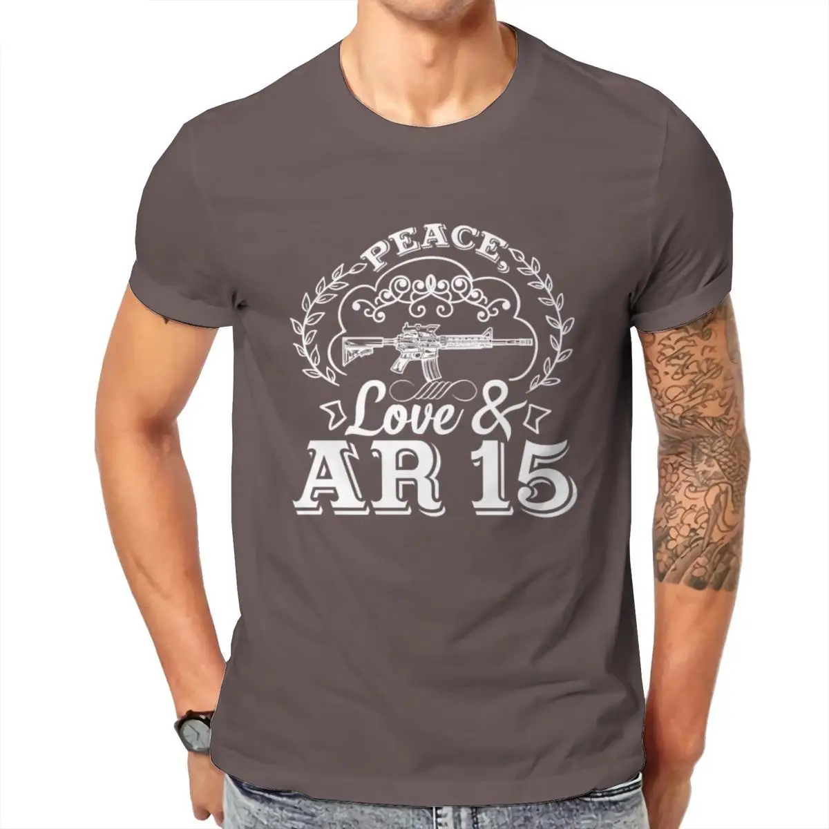 

Wholesale Peace Love And AR 15 Shirt Mens T-Shirt HipHop Woman KoreanStyle JapaneseStyle Mens Clothes 104888