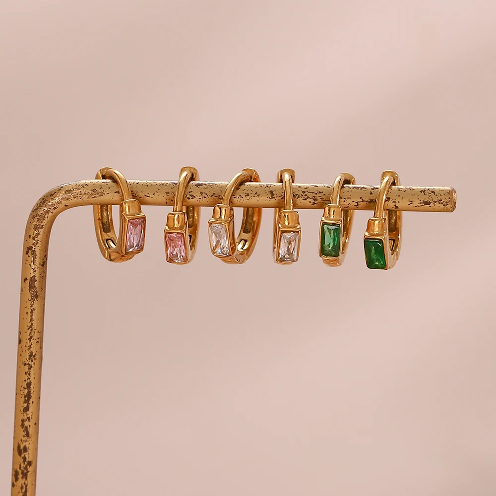 

Dainty Cute Girl's Mini Size Hoop Earrings Square Shape 3A Zircon Stone Filled Gold PLated Stainless Steel Huggies Earring