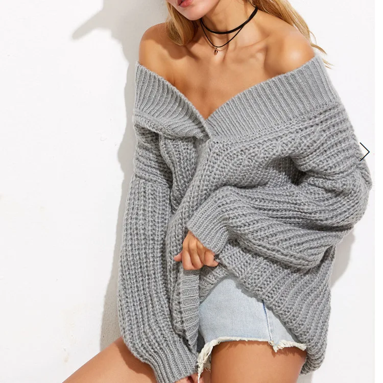 

Autumn and winter new long-sleeved V-neck thickened solid color knitted sweater jacket women