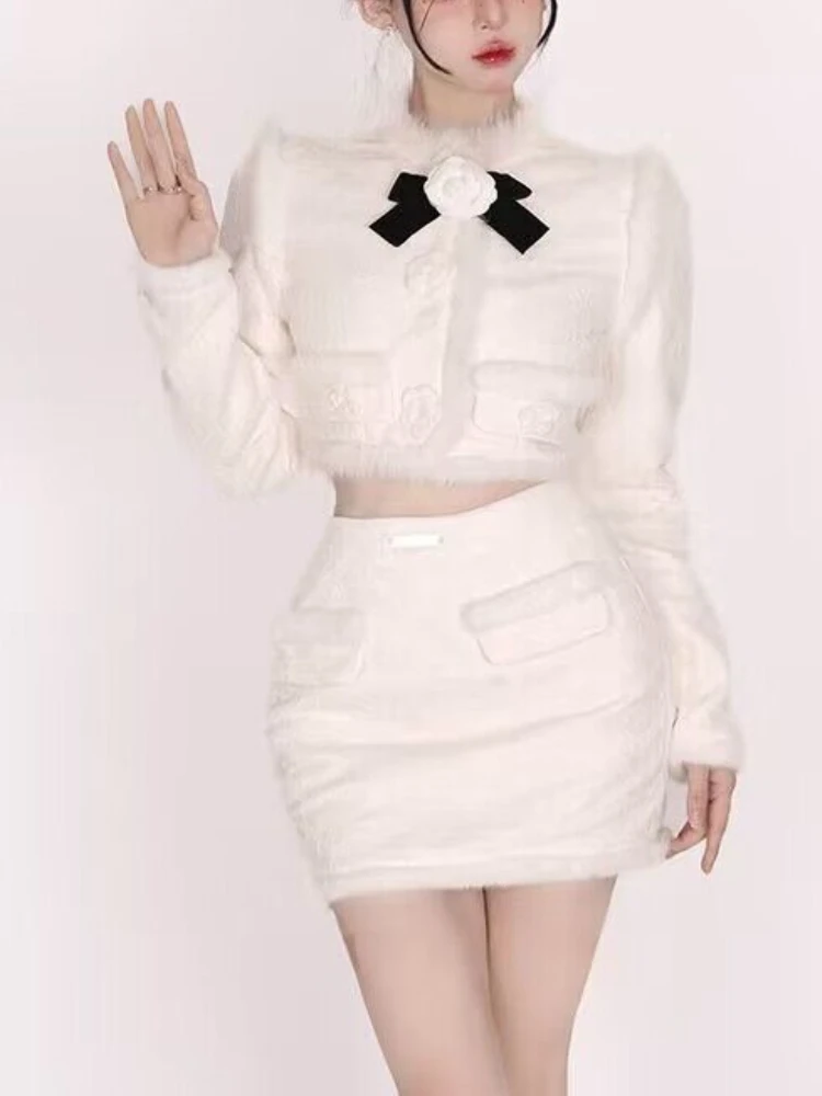 

2023 Autumn Korean Fashion 2 Piece Set Woman Elegant Short Tops Slim Bodycon Y2k Mini Skirt Casual Sweet Skirt Suit Office Lady