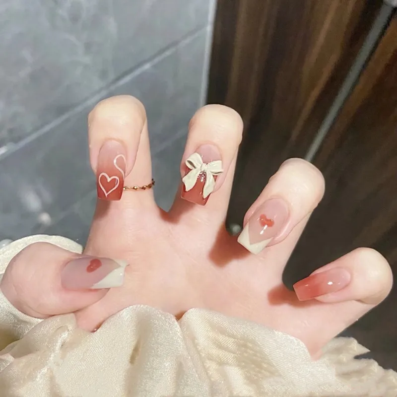 

24Pcs/Box Heart Long Coffin Press On Nails Square Fake Nails Press On Acrylic Nails False Nails Set Press On Nail Art Nail Tips