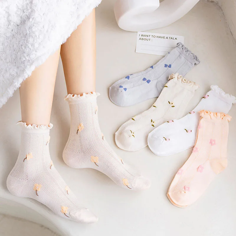 Women Socks Floral Vintage Girls Sock Breathable Cotton Kawaii Short Sox Summer Ultra-thin High Quality Lolita Ankle Calcetines