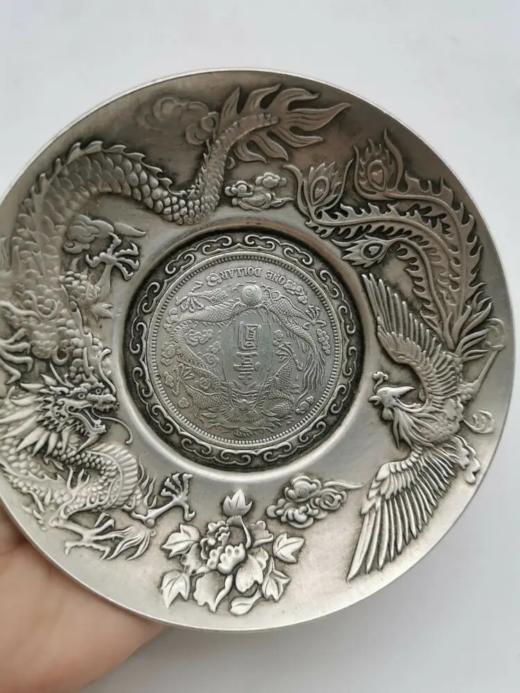 9.8Cm Collect Chinese Paktong Animal Dragon Phoenix Auspicious Lucky Plate 253G