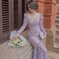 french style floral print dresses for women 2021 summer fashion purple mesh folds puff sleeve v neck elegant pretty long dress