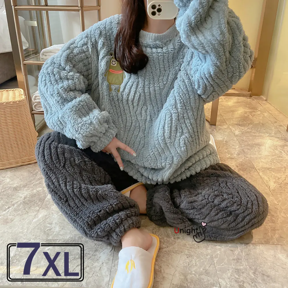 

Winter Women Pajama Sets Cartoon Flannel Plus oversized Sleepwear Velvet Home Wear Thicker Coral Fleece Homewear Outwear M-7XL