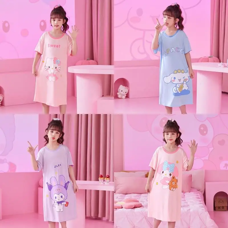 

Sanrio Kawaii Hello Kitty Kids Nightdress Anime Cinnamoroll Summer Pajamas Dress Cute Cartoon Kuromi My Melody Girl Homewear