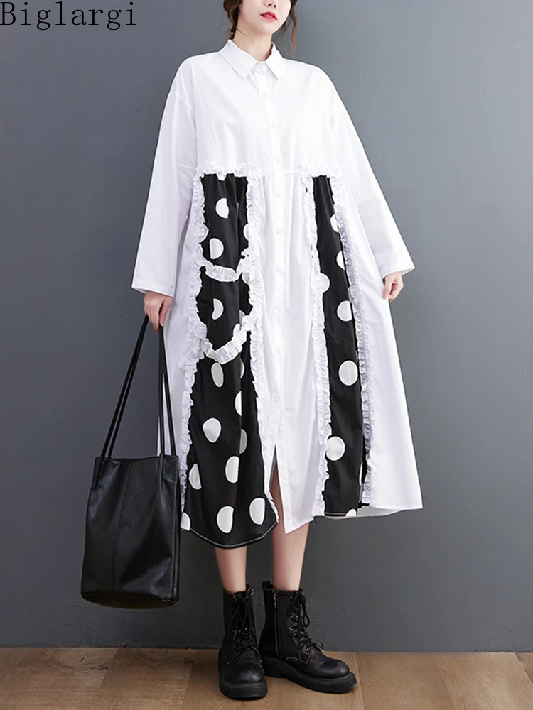 

Большие осенние корейские 2022 женские новые свободные платья-рубашки в горошек с оборками, женские повседневные шикарные платья, хлопковые рубашки, длинные платья