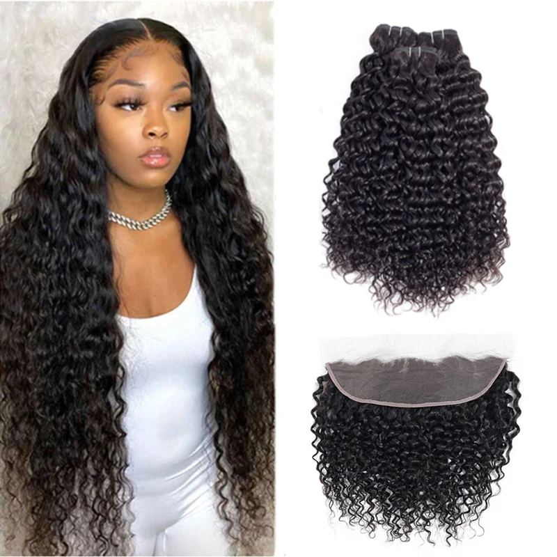 Brazilian Water Wave Bundles With Frontal 13x4 Natural Color Human Hair Bundles With Closure Non-Remy Hair Weave Extensions IJOY