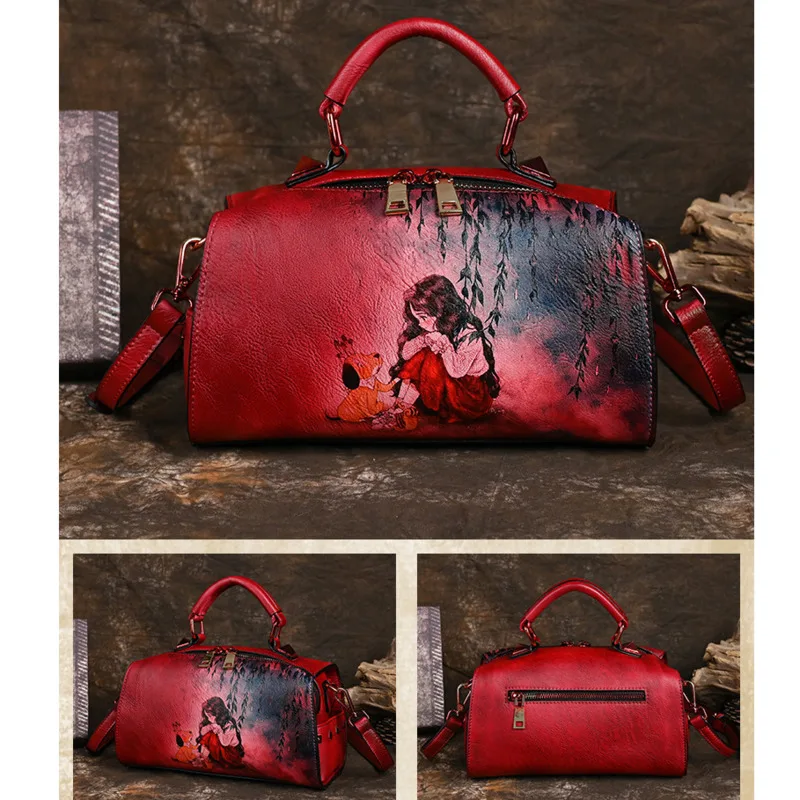 MOTAORA Vintage Women Luxury Leather Handbag For Female Bag Luxury Designer Hand Drawn Cartoon Pattern Ladies Shoulder Bags 2023