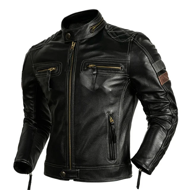 

Мужская мотоциклетная куртка, черная винтажная байкерская куртка из натуральной воловьей кожи, приталенный силуэт, весна-осень 2023