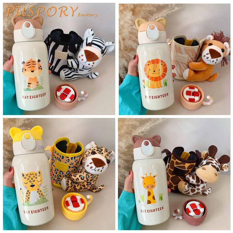 

Детская Бутылочка, Набор чашек с милыми мультяшными животными, с соломинкой, вакуумная колба, для детского сада, детский переносной термос и...