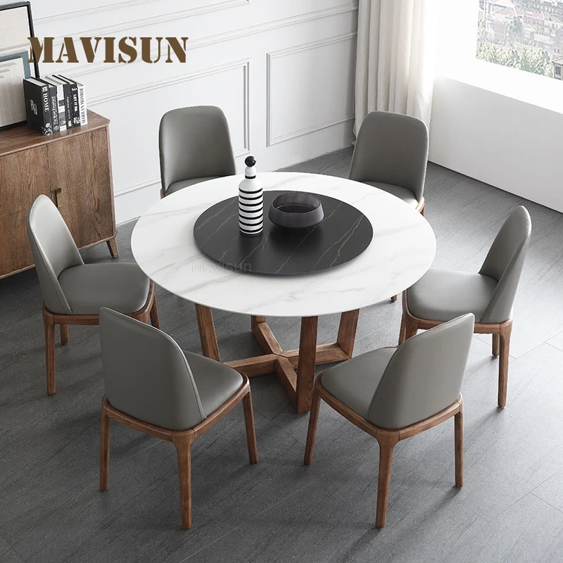 

Northern Europe Solid Wood Legs Marble Top Table With Rotating Turntable Modern Simple Round Dining Table And Chair Combination