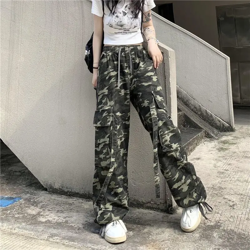 

2023 Streetwear Fashion Casual Loose Camouflage High Waist Elastic Waist Wide Leg Korean Women's Clothes Trousers Sports Pants