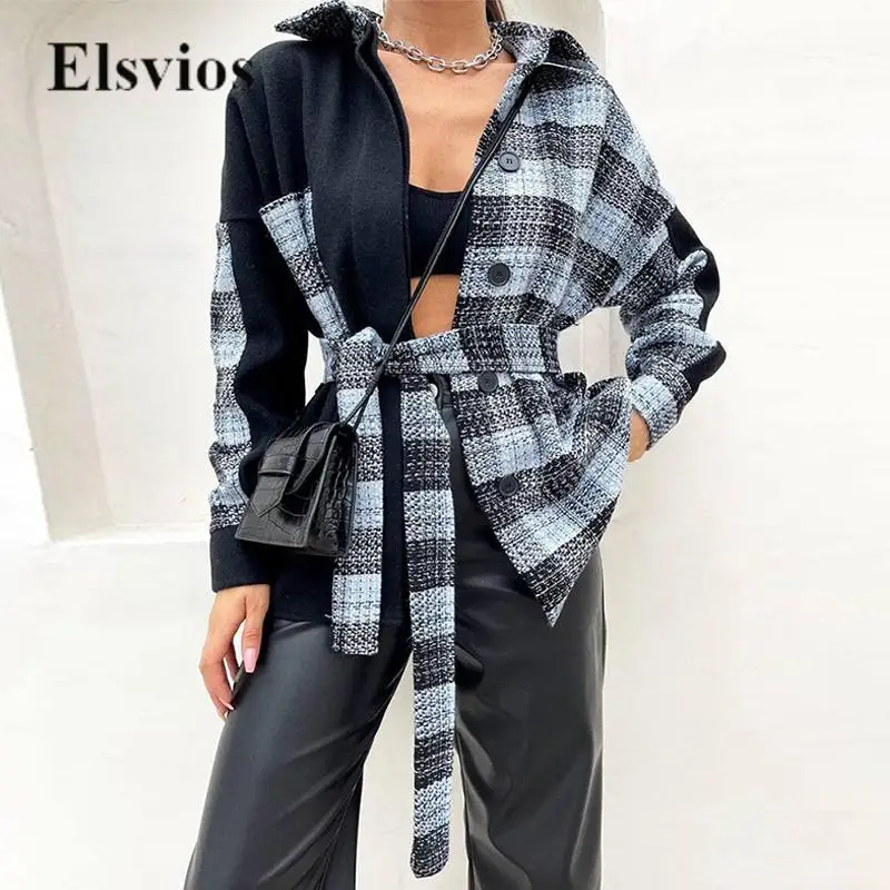 

Elegant Lapel Button Belted Loose Jacket Autumn Winter Patchwork Plaid Shirt Coat Casual Fashion Long Sleeve Women's Outwear Top