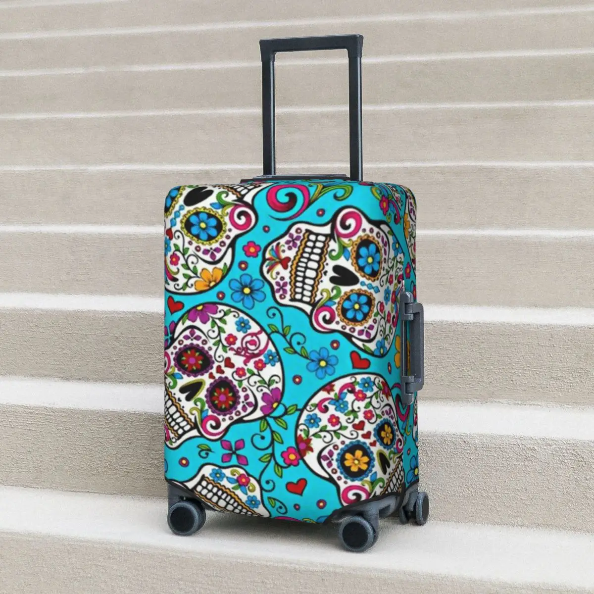 

Sugar Skull Print Suitcase Cover Flowers Skulls Print Business Protection Flight Strectch Luggage Accesories