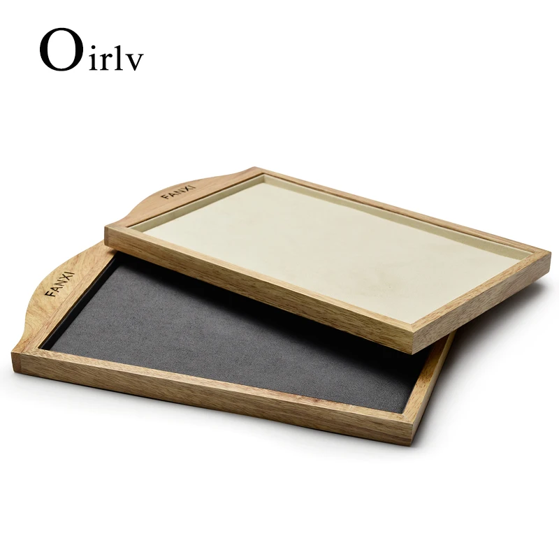 Oirlv Beige/Dark Gray Wooden Velvet Display Show Case Tray Necklace Pendant Decorative Tray for Jewelry