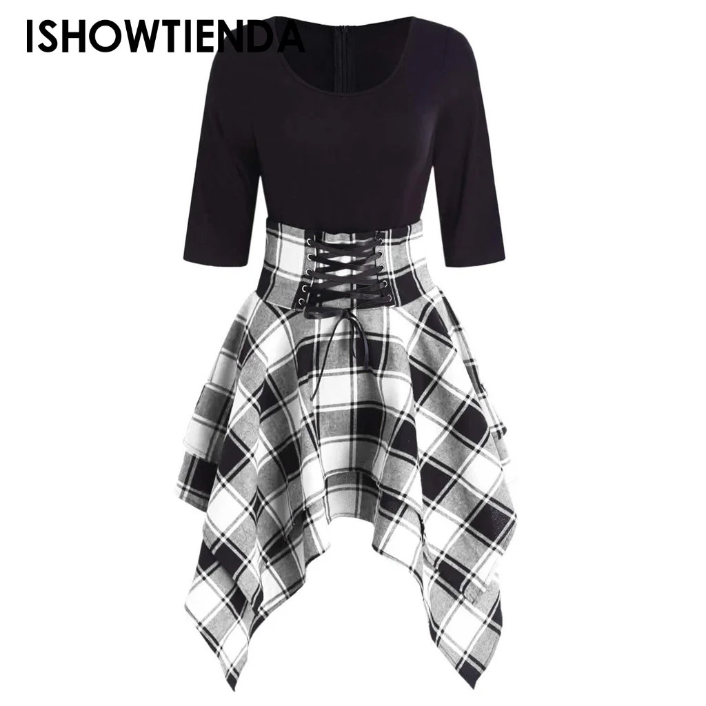 

Fashion Women's Casual Tartan Plaid Print Asymmetrical Mini Dress Female Waist Lace-up Half Sleeve Dresses Lady Streetwear