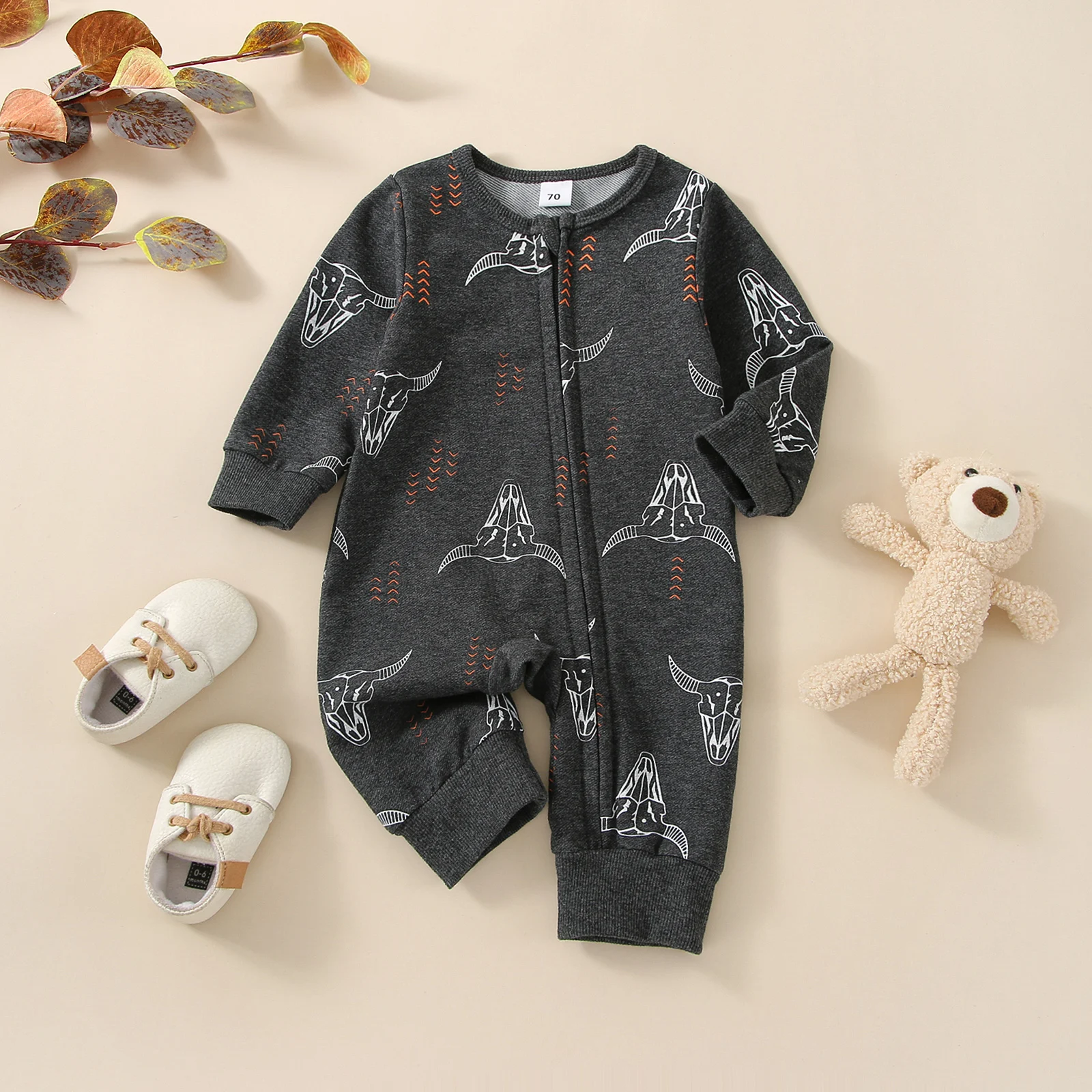 

Autumn Newborn Baby Boys Girls Clothes Cattle Print Zipper Long Sleeve O-neck Pullover Rompers Jumpsuits Long Pants Overalls
