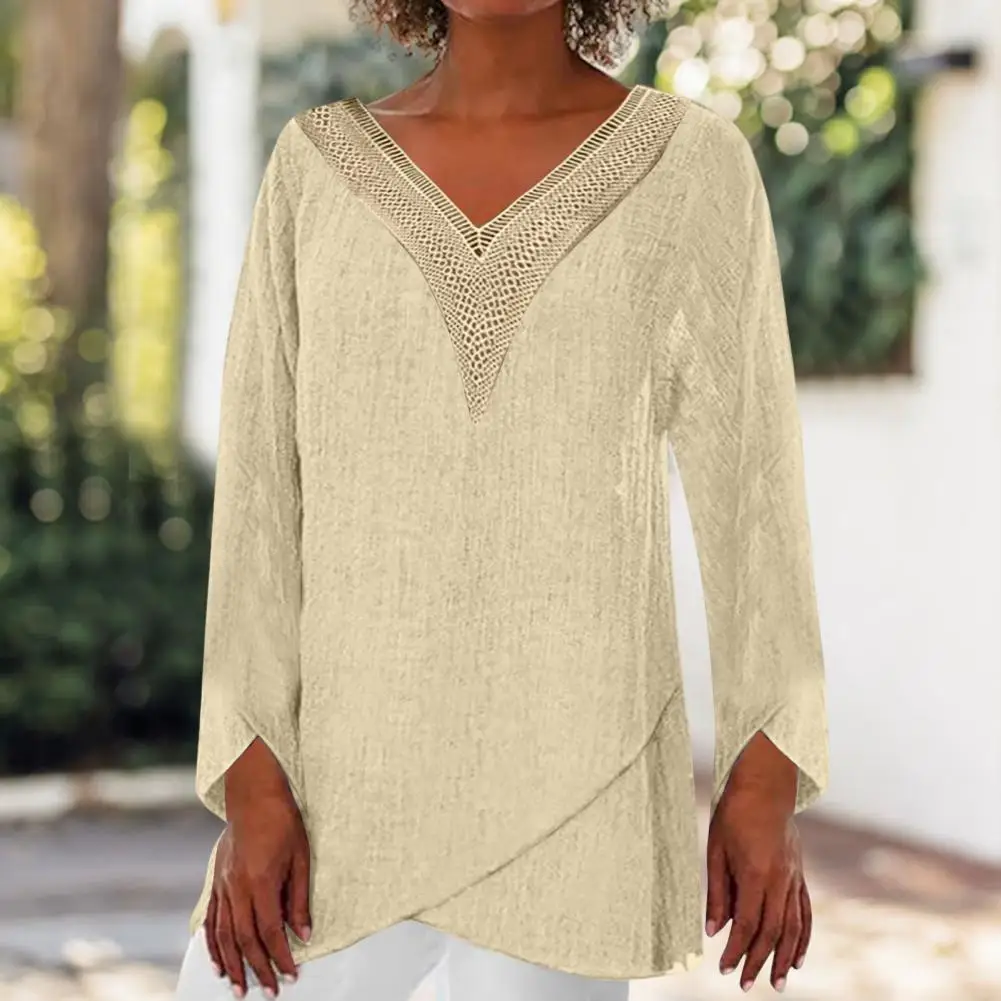 

Women Tops Spring Autumn Lace Stitching V-neck Lady Blouse Long Sleeve Irregular Hem Loose Fit Lady Tops Streetwear