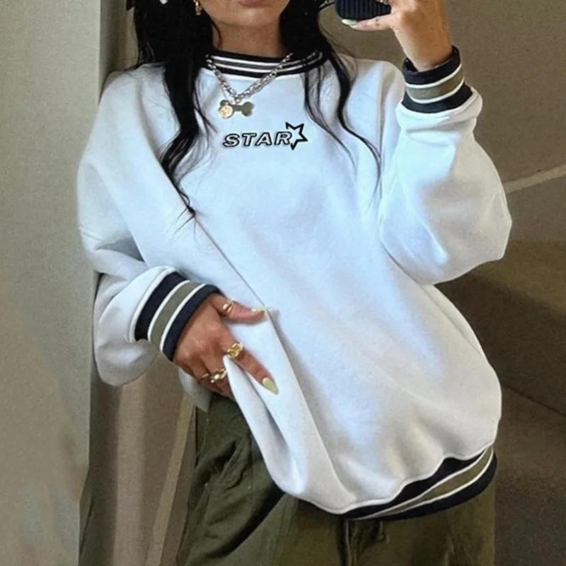 

White Oversized Crewneck Sweatshirts Women Letter Embroidery Pullover Top Striped Sweatshirt 2023 Autumn Winter Loose Streetwear