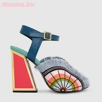 2022 multi color stitching women sandals genuine leather novelty silk spike heels open toe buckle strap comfortable hottest