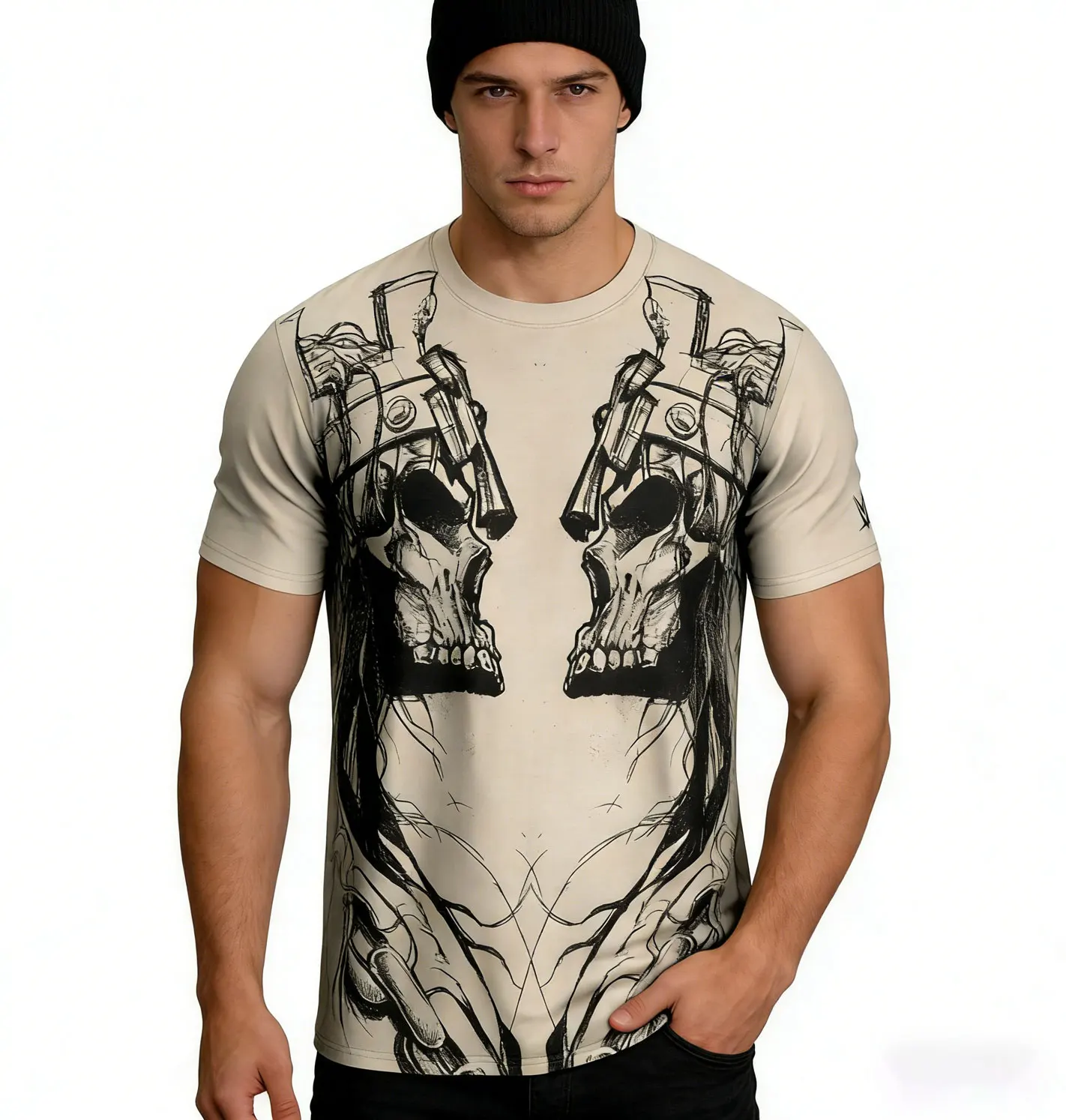Фото Мужская футболка Tan Triple H Skull King Mirror, простая и модная, в стиле хип-хоп, свободного кроя, дышащая, подходит для занятий спортом на открытом воздухе №1