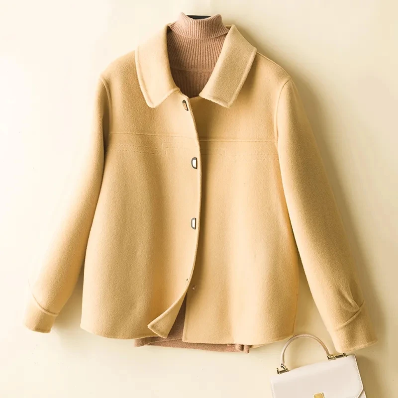 

Женское однобортное кашемировое пальто, короткая шерстяная куртка с карманами, верблюжьего, черного, бежевого цветов, верхняя одежда в Корейском стиле, Осень-зима 2023