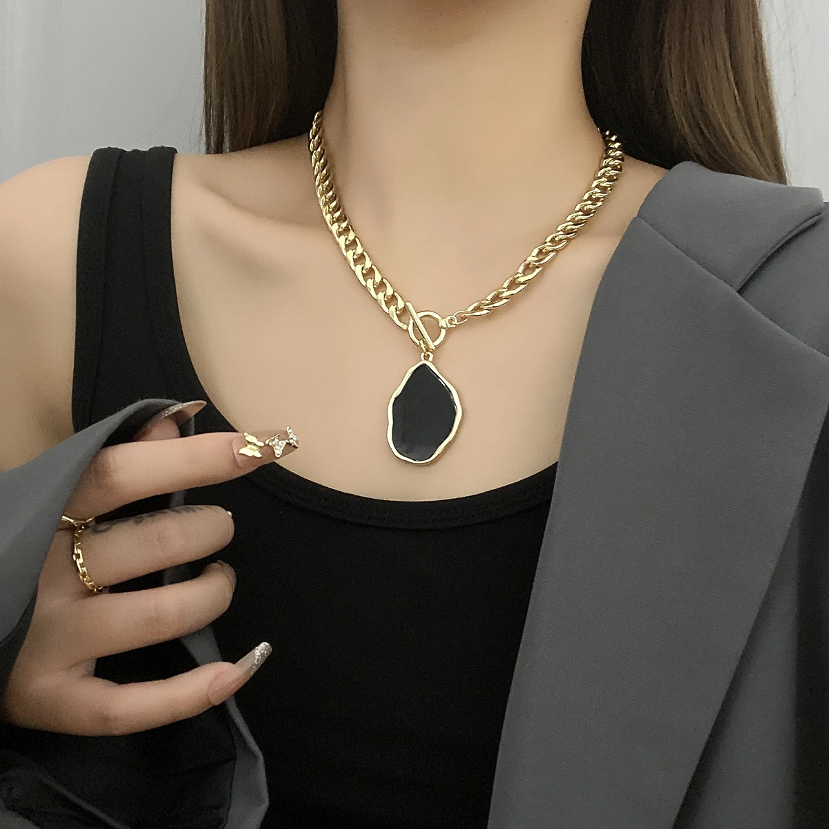 

Акриловое ожерелье AENSOA с подвеской, ожерелье из нержавеющей стали для женщин, металлические переключатели, ожерелья золотого/серебряного ц...