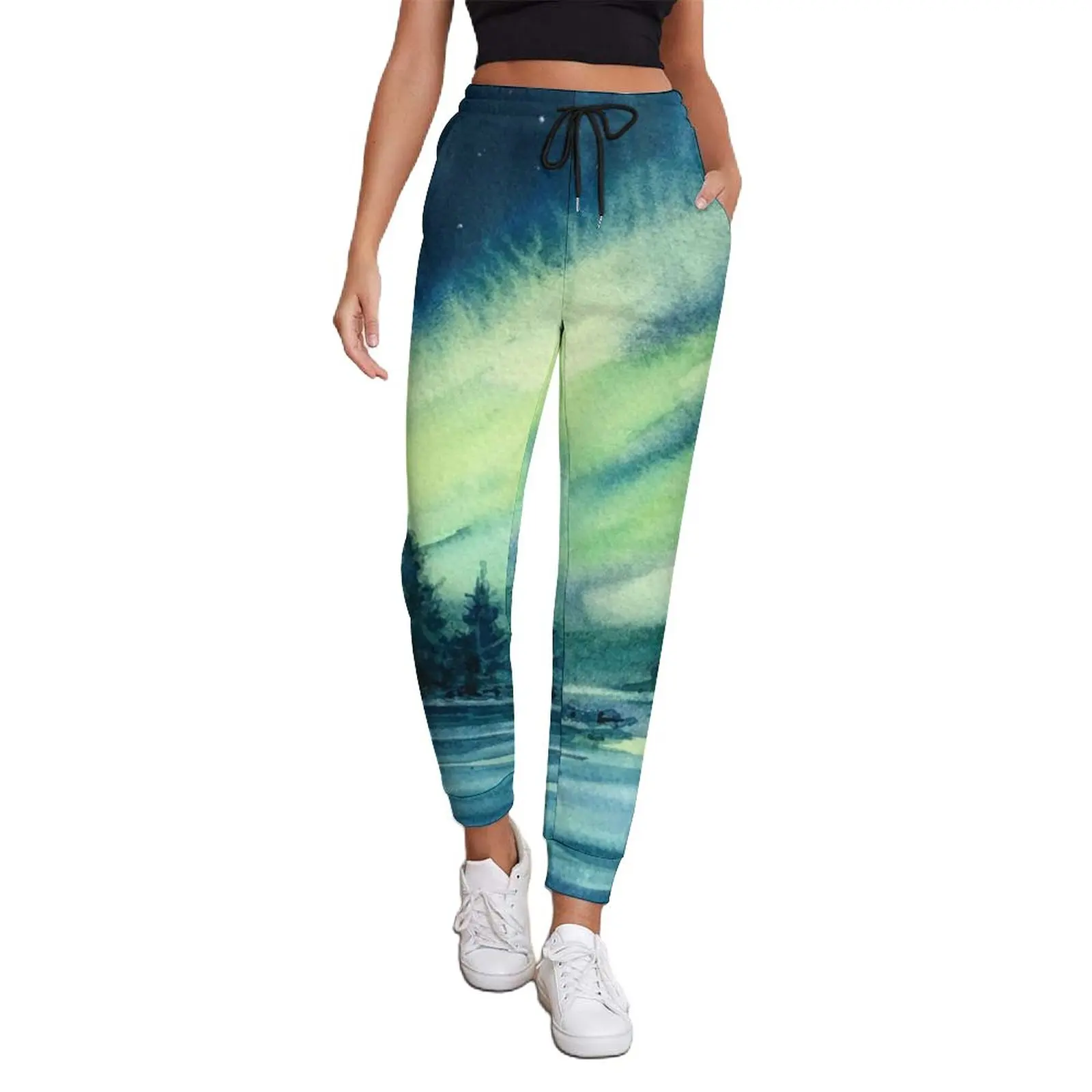 

Watercolor Sky Jogger Pants Lake Northern Lights Vintage Joggers Spring Print Street Wear Oversize Trousers Birthday Present