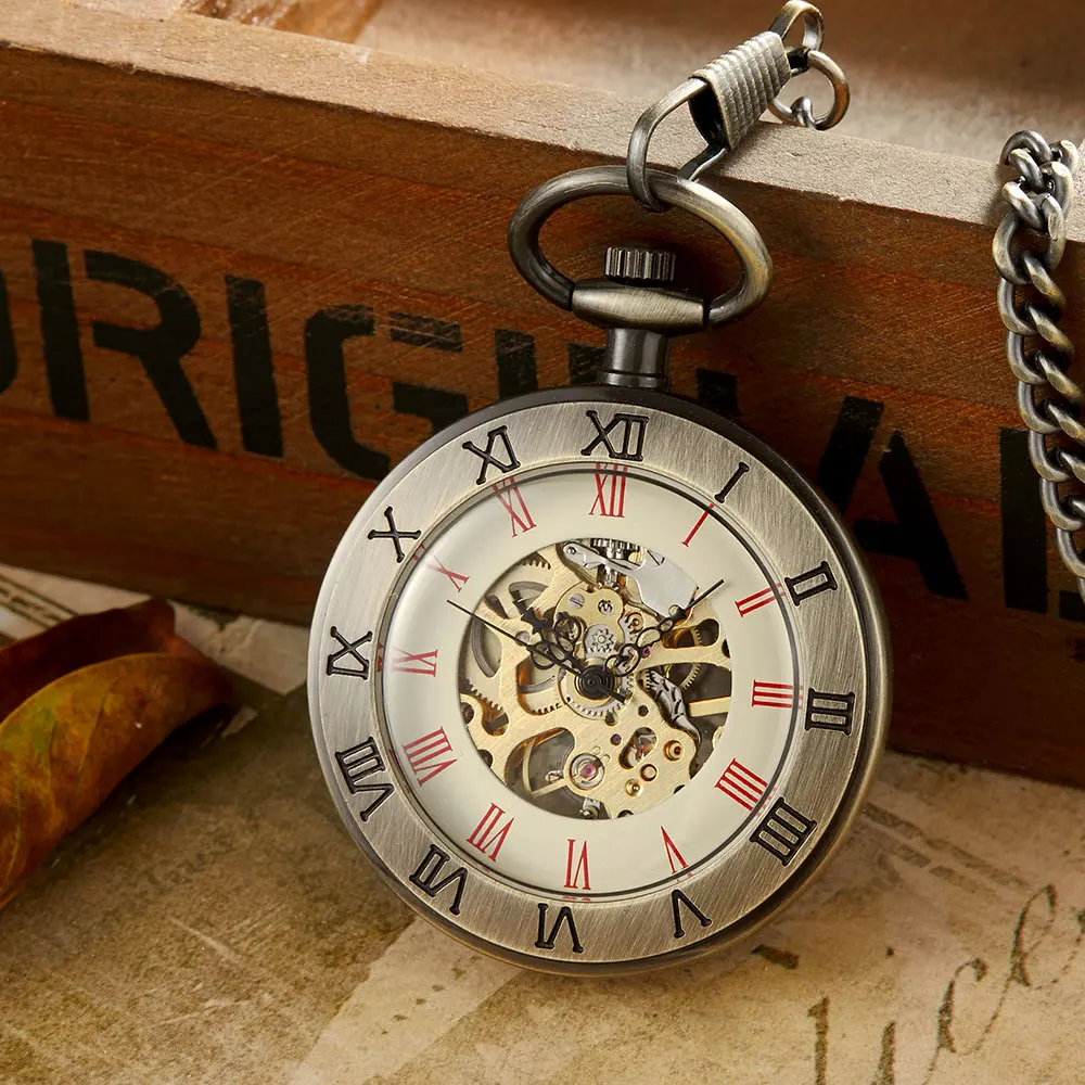 Vintage Bronze Hollow Mechanical Pocket Watch Men Roman Number Dial Retro Steampunk Hand Winding Pocket Watches Male Clock Gifts