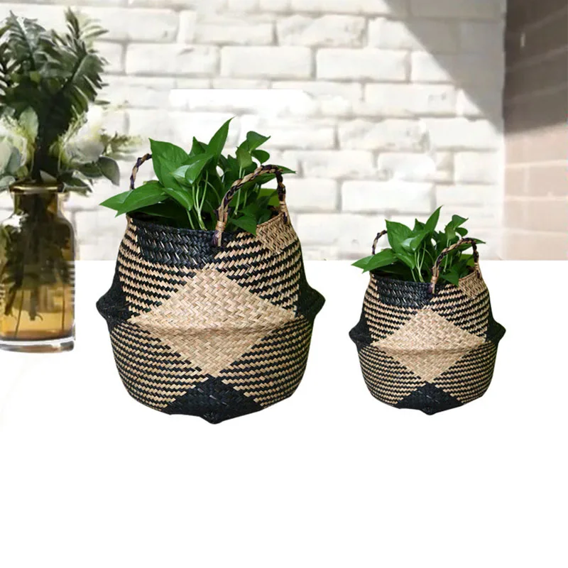 

1 Pcs Foldable Handmade Storage Basket Wicker Rattan Straw Flower Pot Planter Laundry Basket Dropship