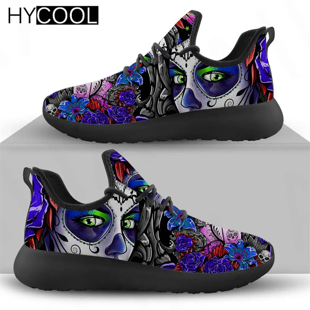 

Легкие женские кроссовки HYCOOL, уличная спортивная обувь с принтом дня мертвецов, нескользящая сетчатая вязаная обувь, прогулочная обувь для бега