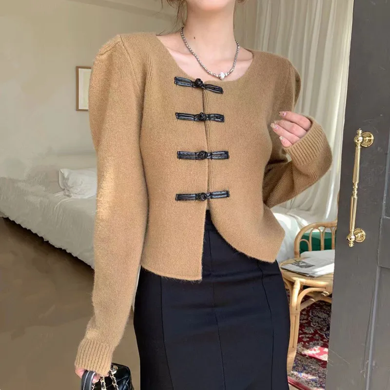 

Korean Fashion Spring Autumn Women Cropped Cardigan Knitted Top Slim Femme O Neck Puff sleeve Jumpers Single-breasted Sweater
