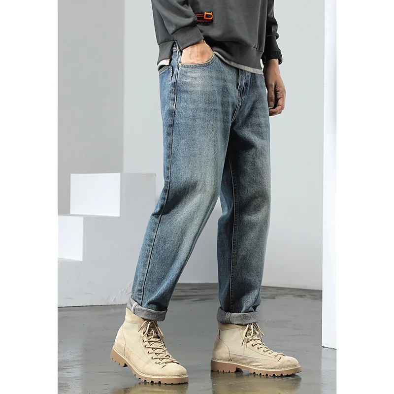 Streetwear Men 2022 New Pattern Vintage Recreational Blue Jeans Loose Broad Straight Cylinder Leg Trousers Autumn Female Trend