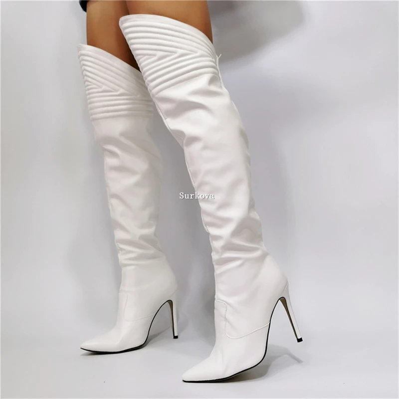 Fantasy White Over The Knee Boots Woman Sexy Pointed Toe Super High Heels Thigh High Boots Fashion Dress Zipper Thin Heels Shoes