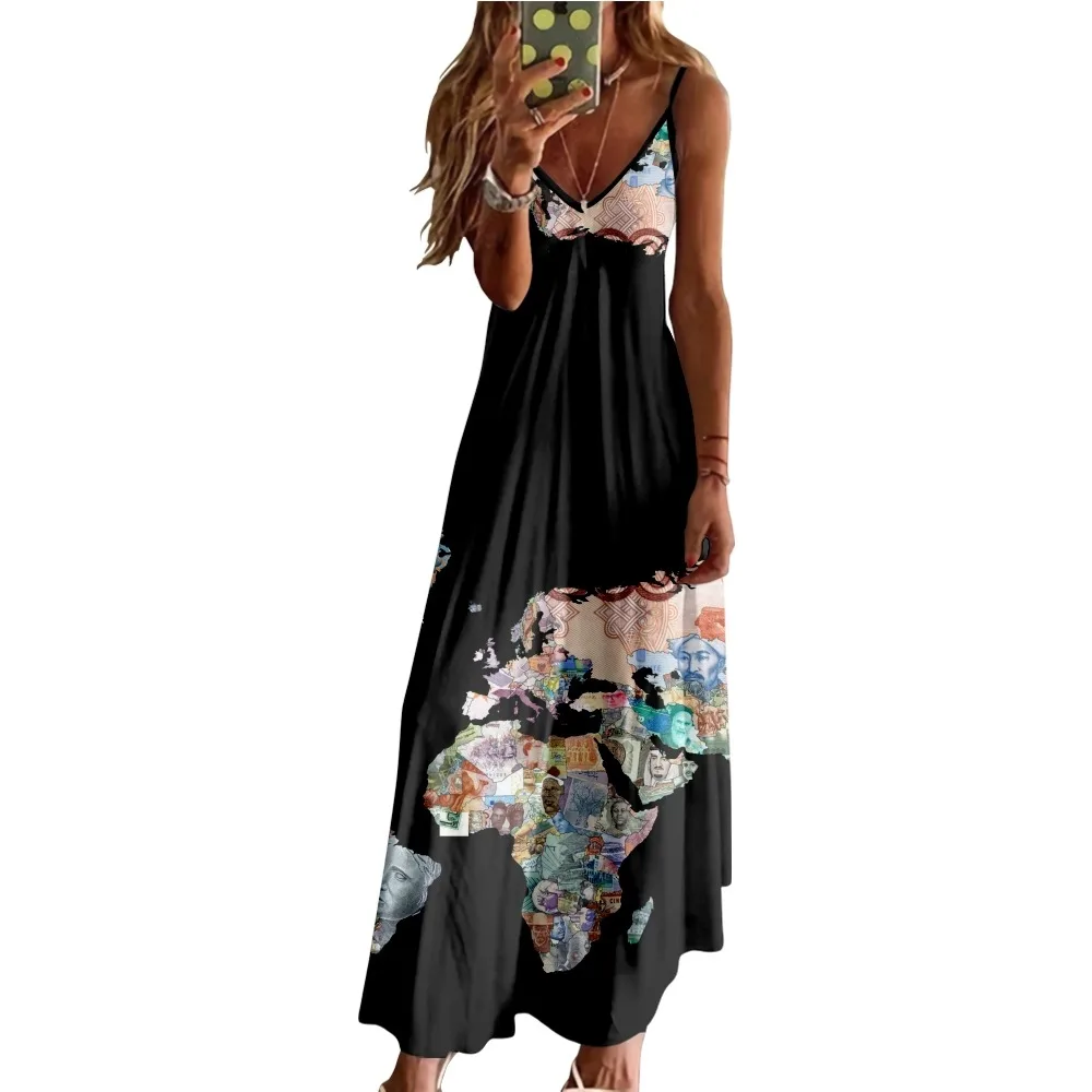 

World Map 3D Printing Slim Sexy Dress Sling Thin Skirt Ladies Long Dress