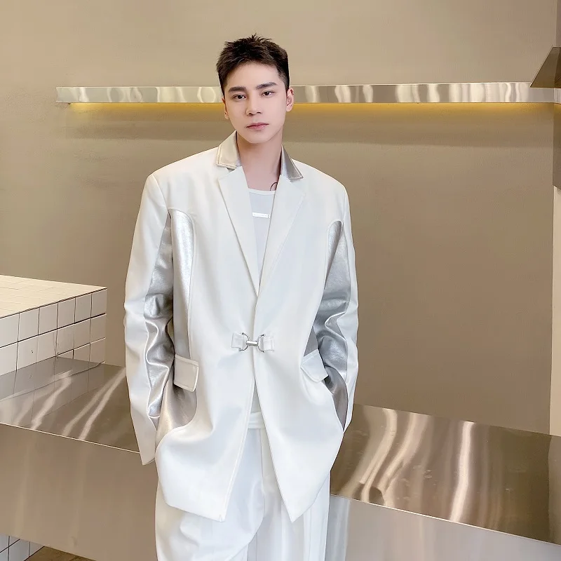

XL-M Personality Trend Silver PU Stitching Men's Suit Jacket Fashionable and Simple