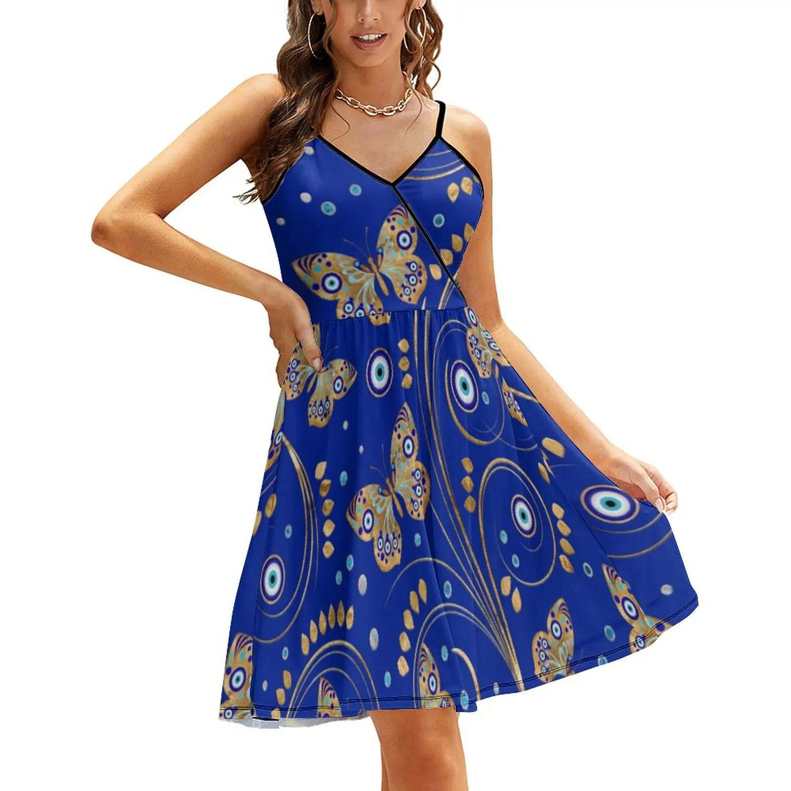 

Abstract Evil Eye Dress Woman Golden Butterfly Club Dresses Spring Spaghetti Straps Streetwear Printed Casual Dress Big Size
