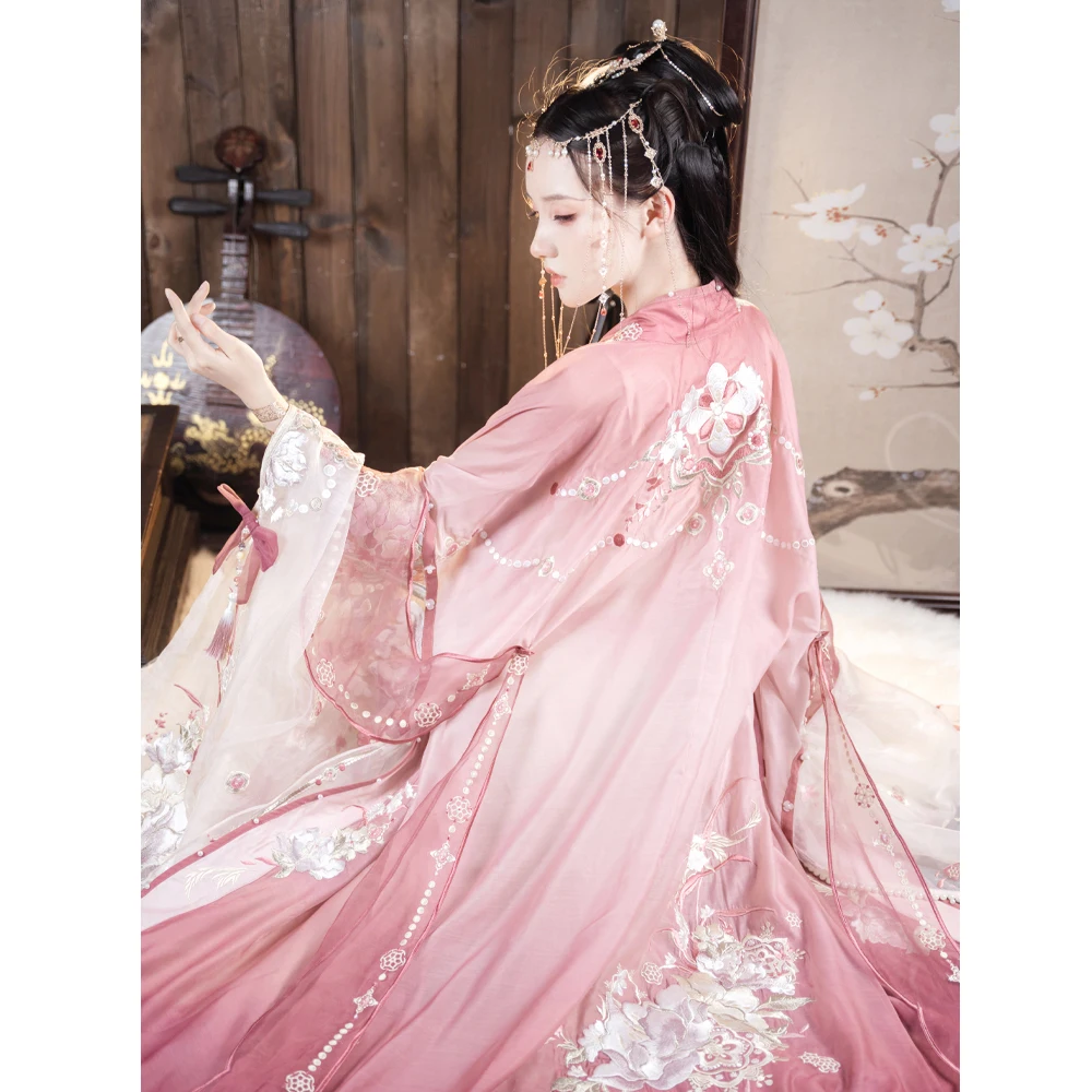 TuQiQi Women's Chinese Pink Embroidery Big Shirt Epleated Skirt Song Dynasty Fairy Hanfu Sling Female Dance Costume Dress Set |