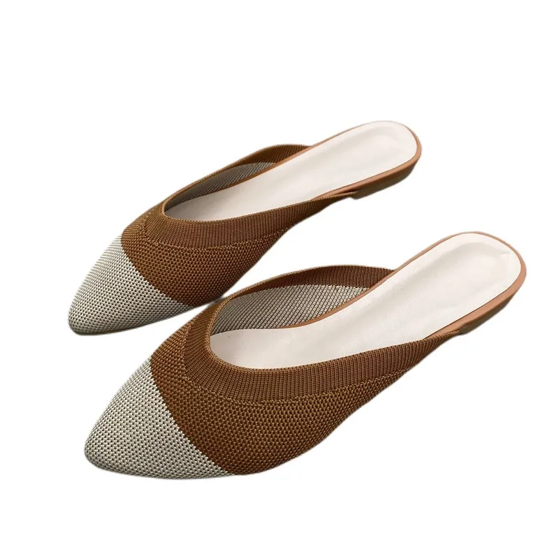 

Brand Designer Women Slippers Knitted Point Toe Slip On Mules Flat Heel Casual Shoes British Style Slides Female Summer Footwear