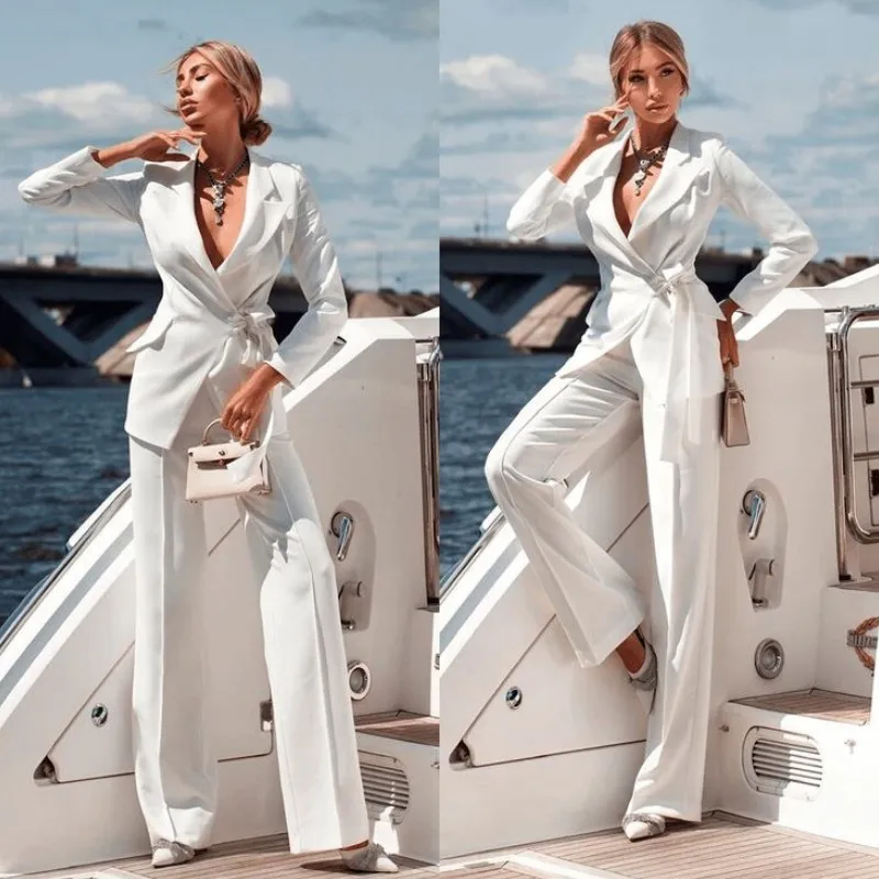Women's Suit Two-piece Suit Fashion Pure White Handsome Lapel Collar (Jacket + Trousers) With Belt Deep V Suitable for Business