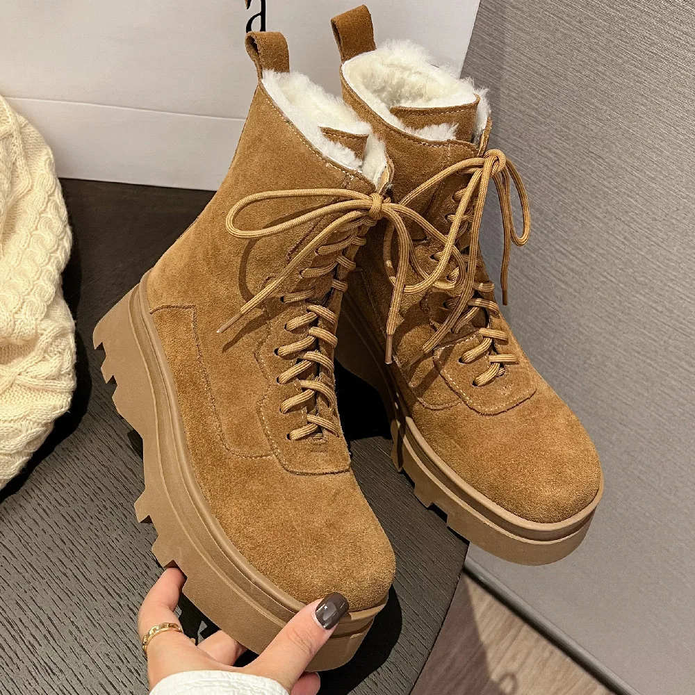 

Women's natural suede leather thick sole platform flats winter wool inside ankle boots lace-up casual female warm snow boots hot
