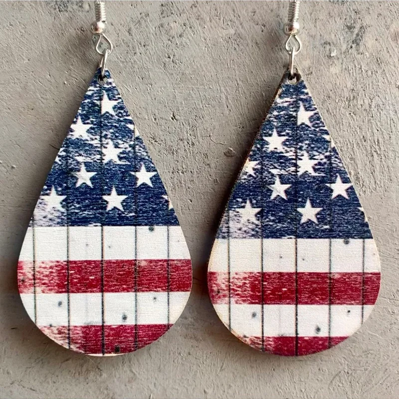 

American Independence Day Flag Earrings Red Blue Star Hat Cactus Hat Ice Cream Color Earrings Wooden Sunflower Western Jewelry