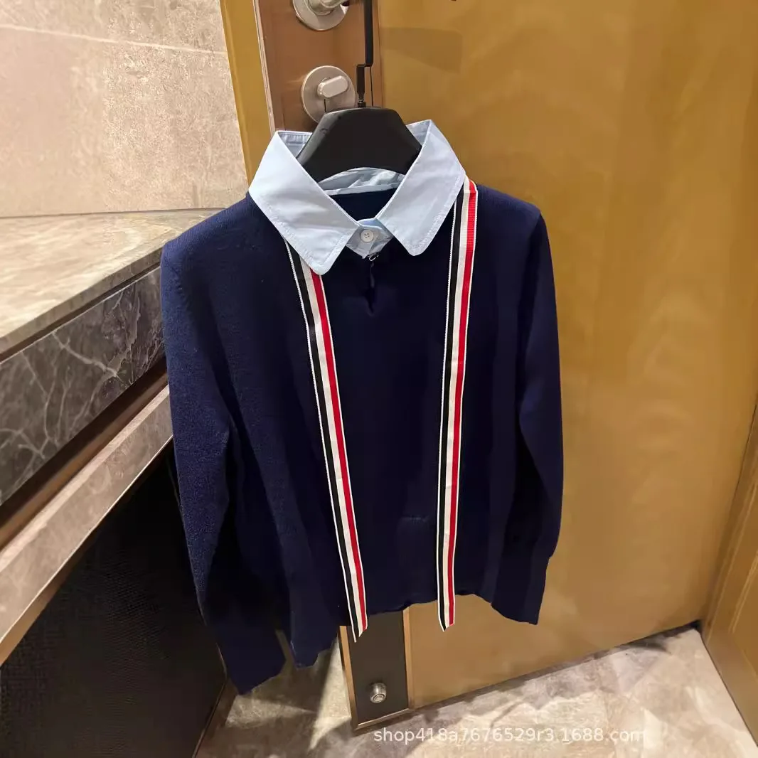 Осень 2024. Новинка! Женский двухсекционный вязаный свитер TB Fake с галстуком для