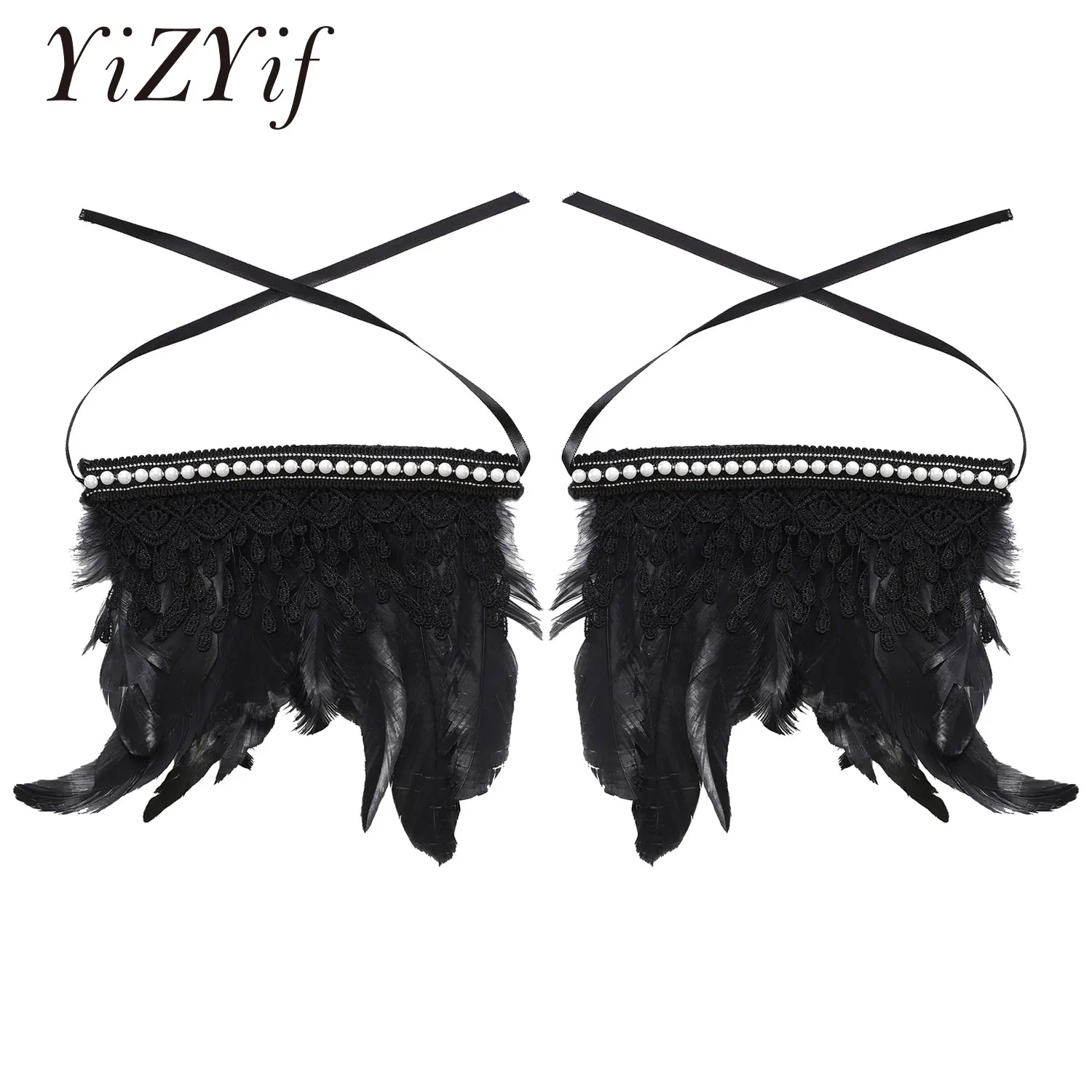 

2pcs Lace Feather Wrist Cuffs Black Real Natural Dyed Rooster Feather Arm Warmers Party Cosplay Costume Accessory Feather Gloves