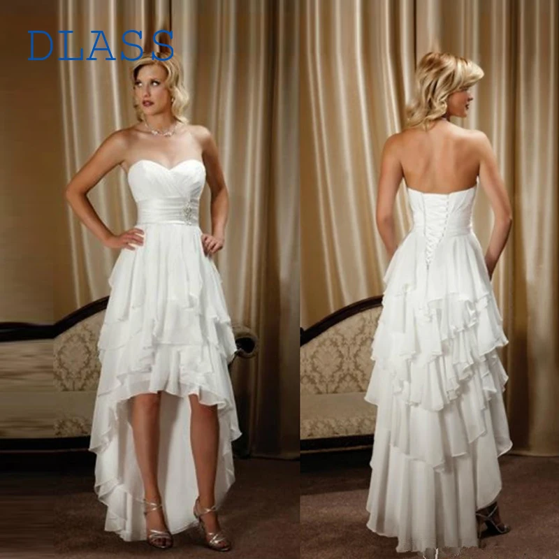 

High Low Beach Backless Wedding Dresses Sweetheart Neck A Line Sleeveless Tiered Skirt Chiffon Hi-Lo Charming Bridal Gowns 2023