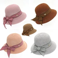 straw sun hat bow ladies pure color summer beach holiday rosette shading woman sun protection big brim dome spring casual cap