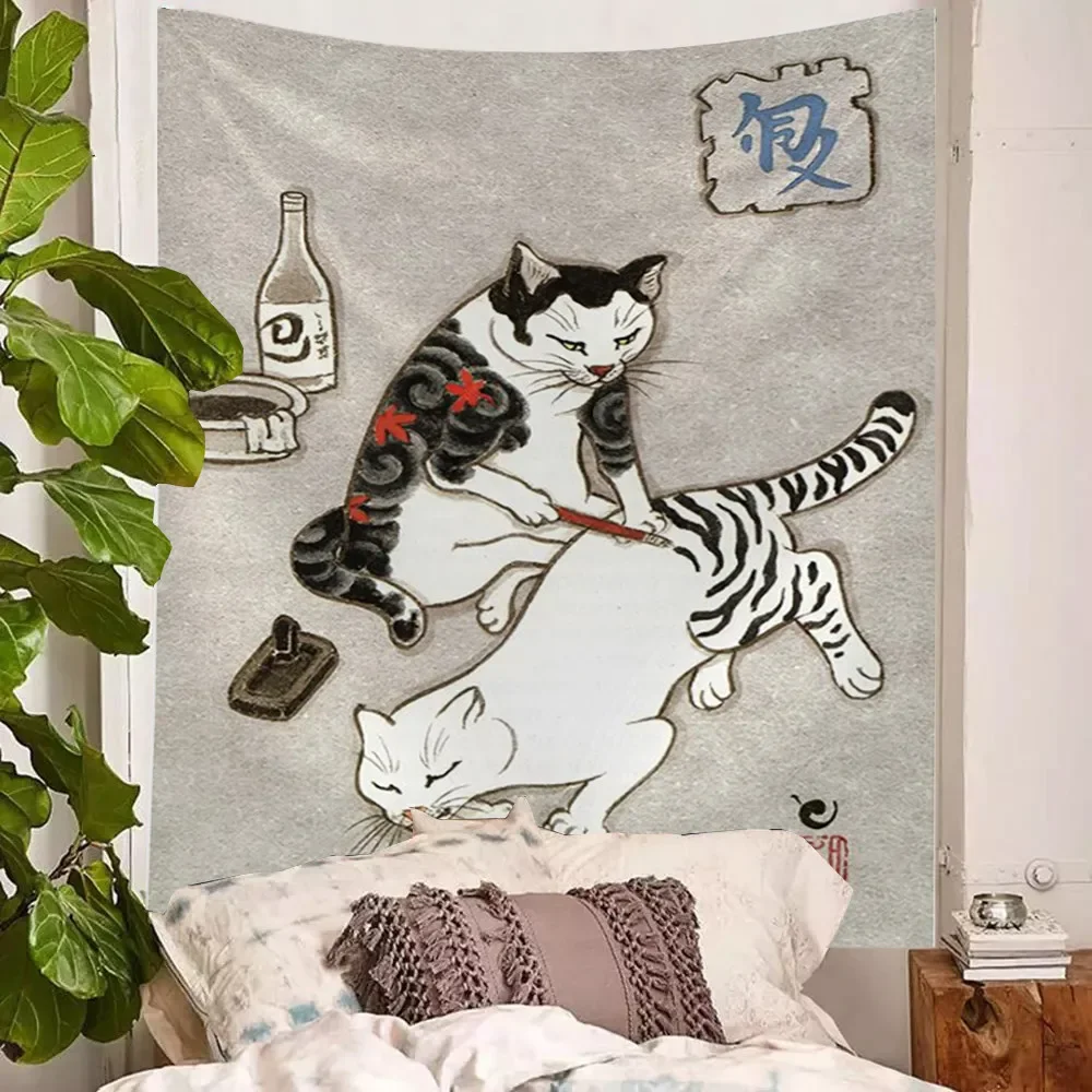 Японский самурай татуировка кошка аниме гобелен настенное искусство мультфильм